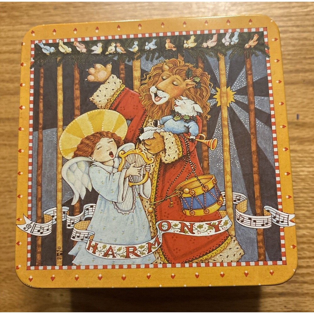 Mary Engelbreit Christmas Tin With Lid Harmony ME Lion & Angel Vintage 1986